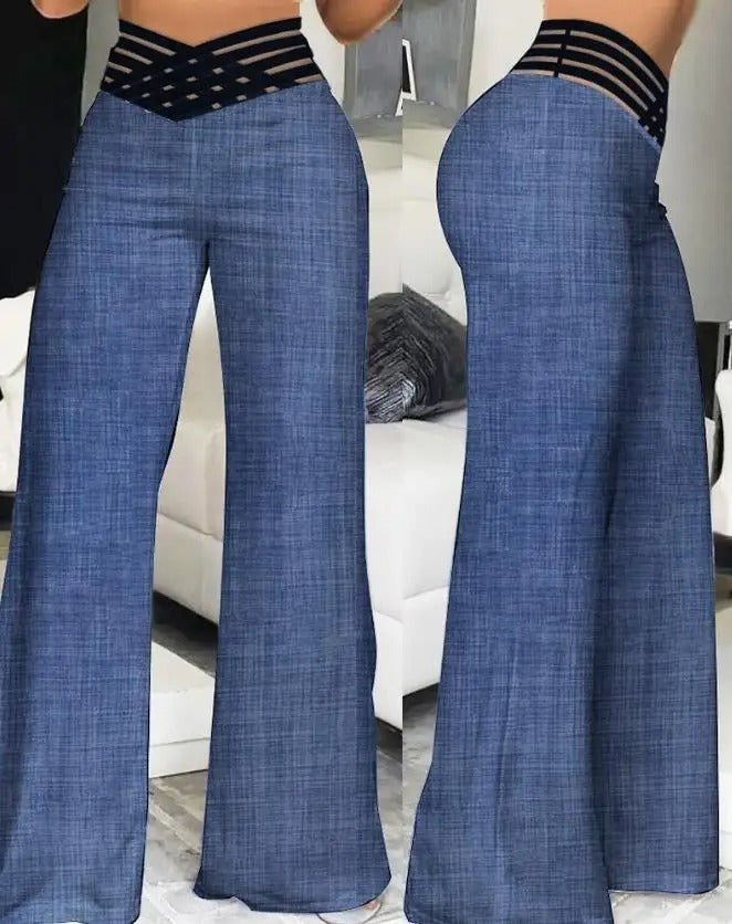 Trousers with crossover strap